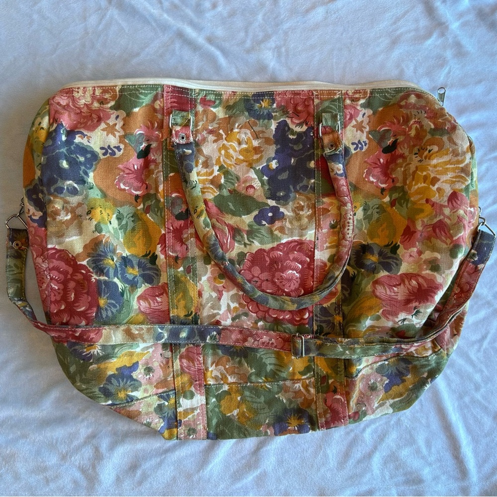 Vintage 90s Large Floral Canvas Handmade Weekender Duffle Bag Cottagecore Travel
